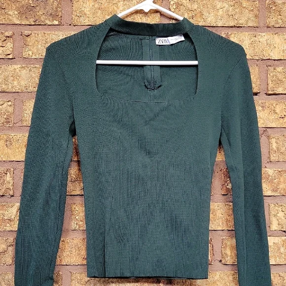 ZARA Square Neck Ribbed Long Sleeve Top Green Size Medium - Picture 7 of 11
